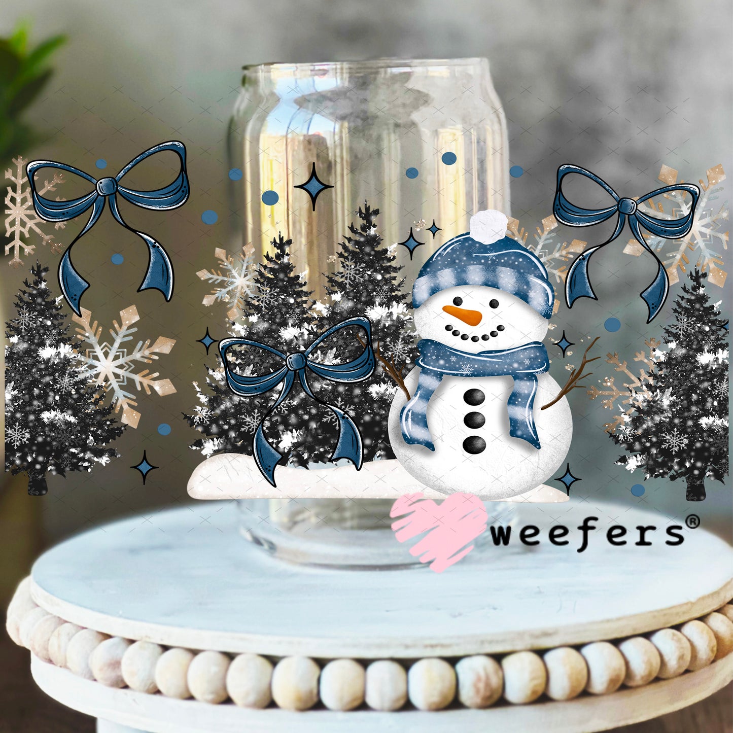 Blue Bow Snowman Christmas UV DTF Cup Wrap 16oz Libbey Glass Original Size Weefers