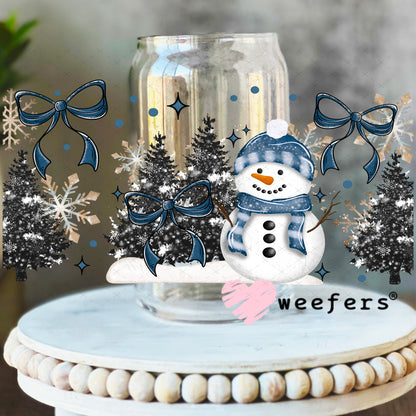 Blue Bow Snowman Christmas UV DTF Cup Wrap 16oz Libbey Glass Original Size Weefers