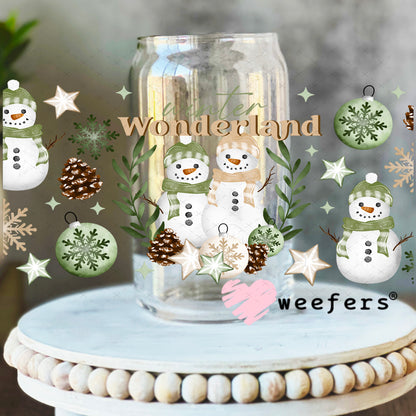 Wonderland Green Snowmen Christmas UV DTF Cup Wrap 16oz Libbey Glass Original Size Weefers