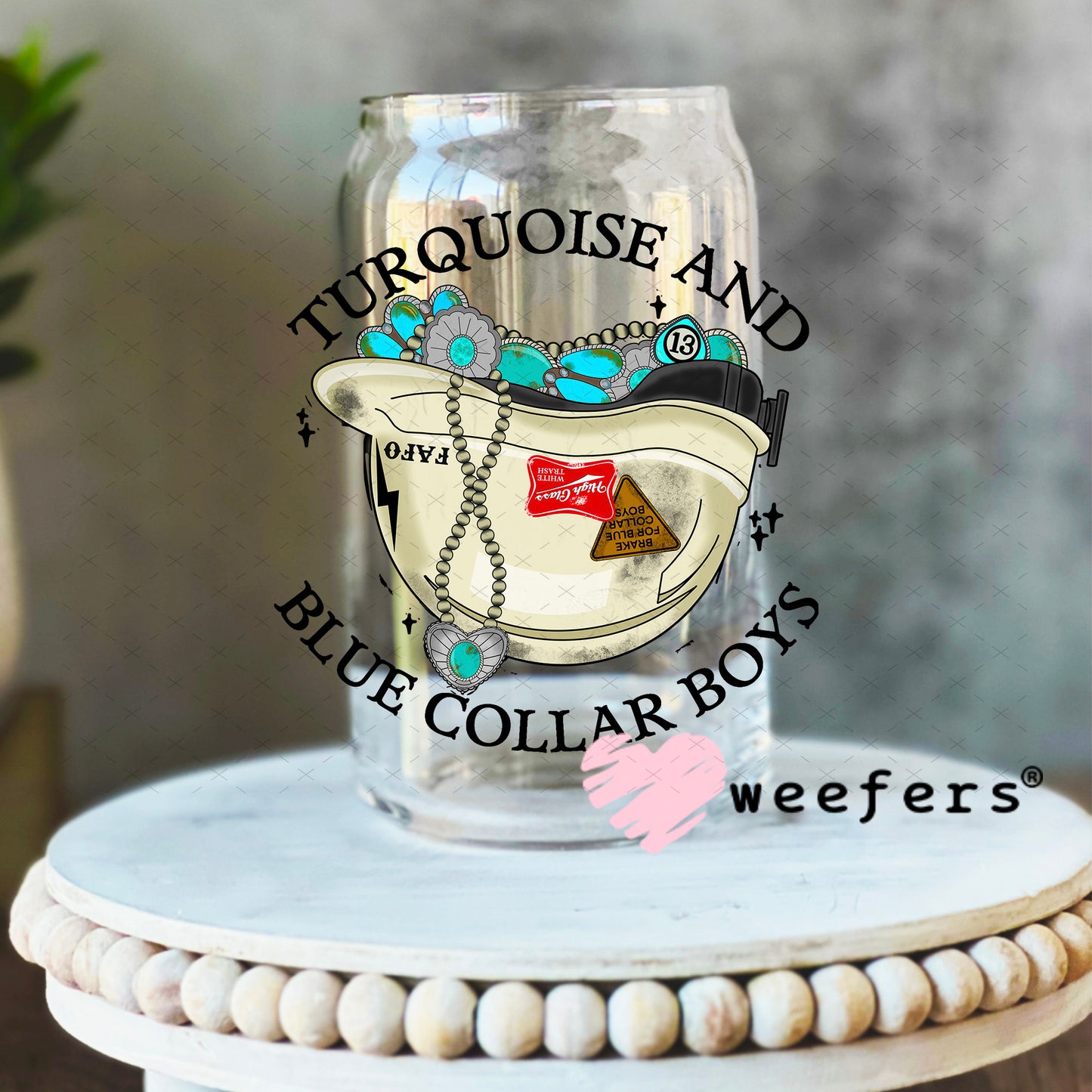 Turquoise and Blue Collar Boys UV DTF Decal 16oz Libbey Glass Original Size Weefers