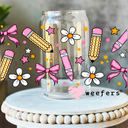 School Days Pencil and Pink Crayons UV DTF Cup 16oz Libbey Glass Original Size Weefers