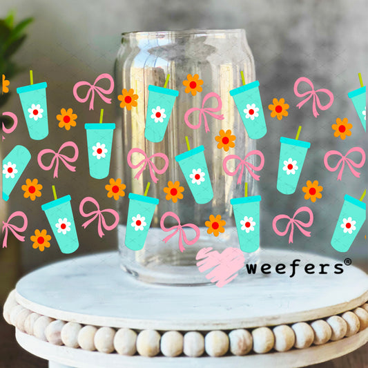 Teal cups and Pink Bows UV DTF Cup Wrap 16oz Libbey Glass Original Size Weefers