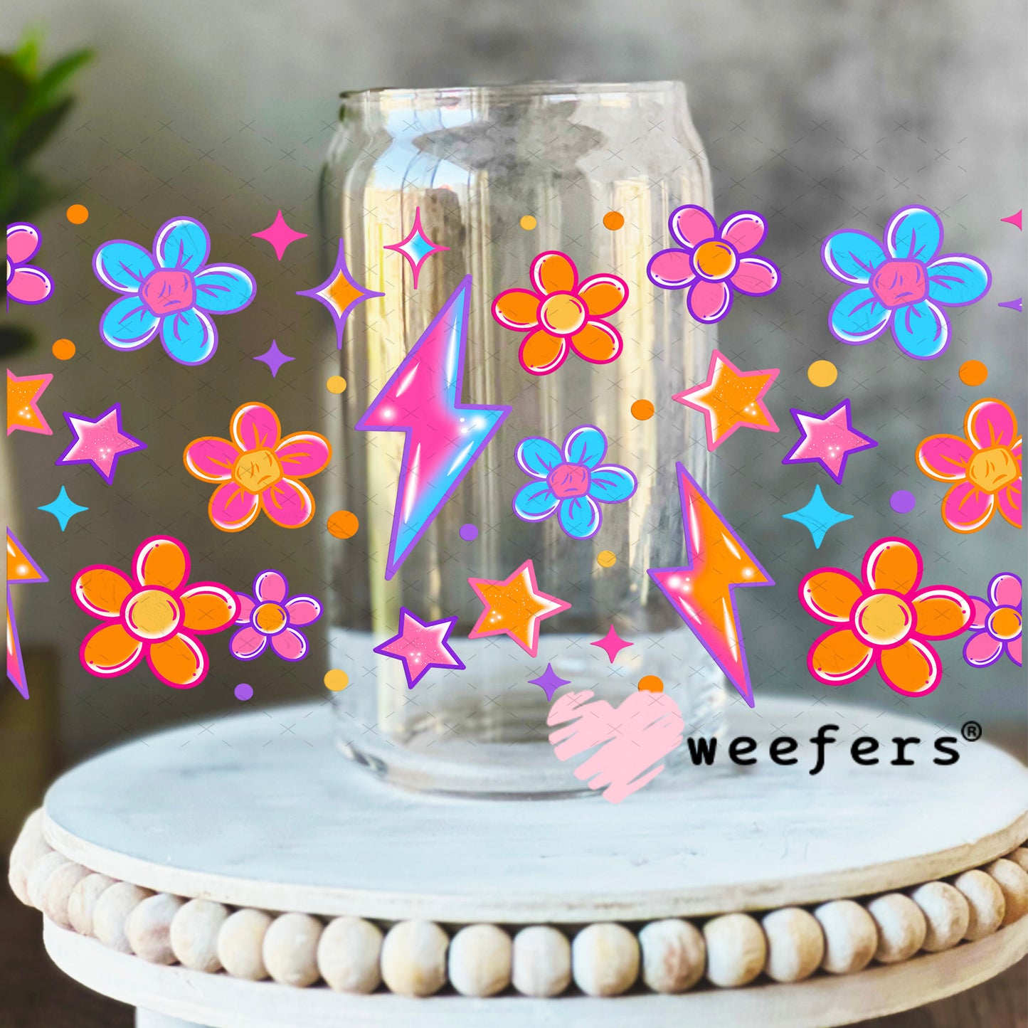 Blue Orange Flowers and Lightening Bolt UV DTF Cup Wrap 16oz Libbey Glass Original Size Weefers