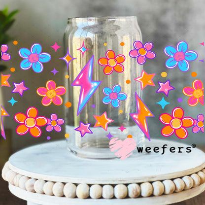 Blue Orange Flowers and Lightening Bolt UV DTF Cup Wrap 16oz Libbey Glass Original Size Weefers
