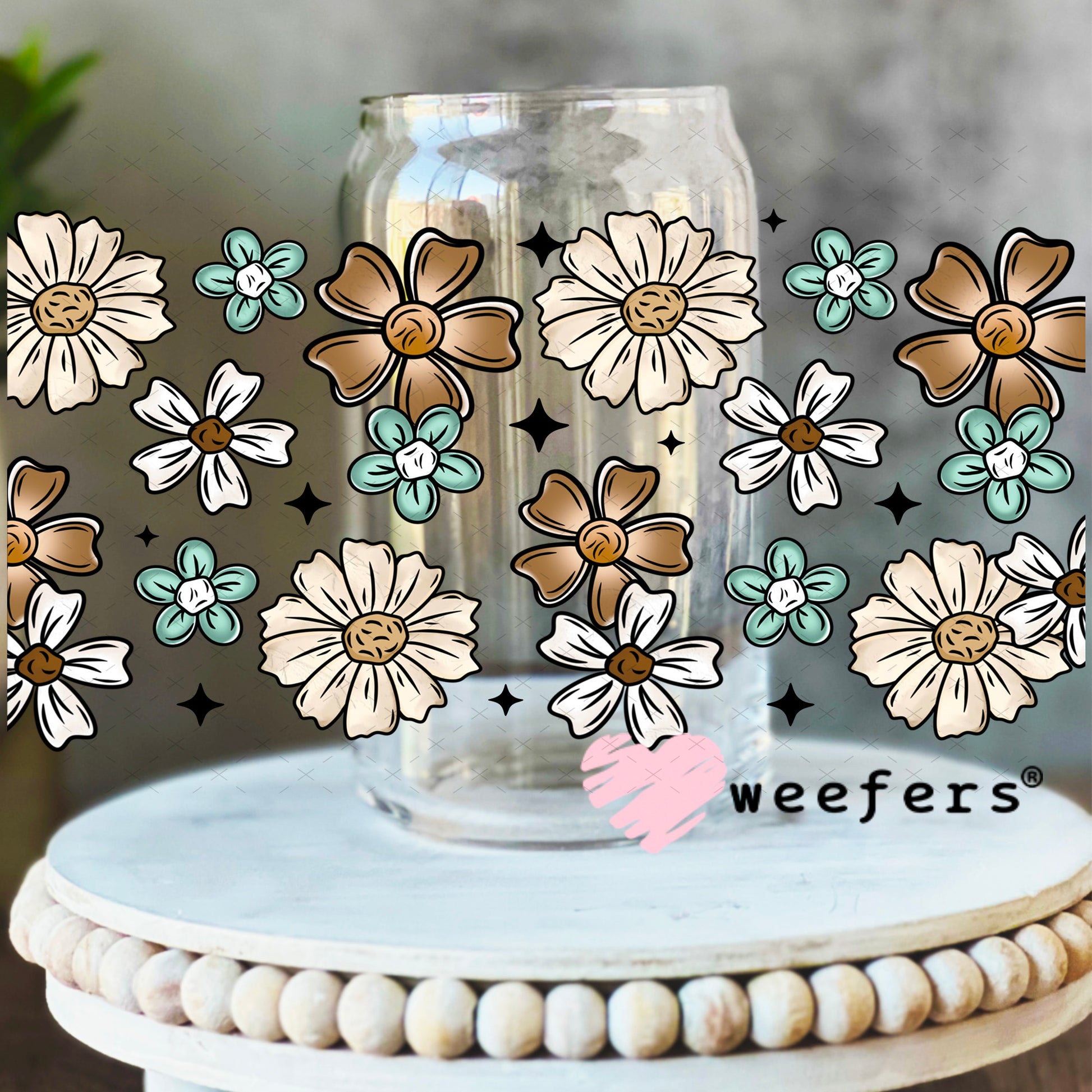 Brown, Teal and Tan Flowers UV DTF Cup Wrap 16oz Libbey Glass Original Size Weefers