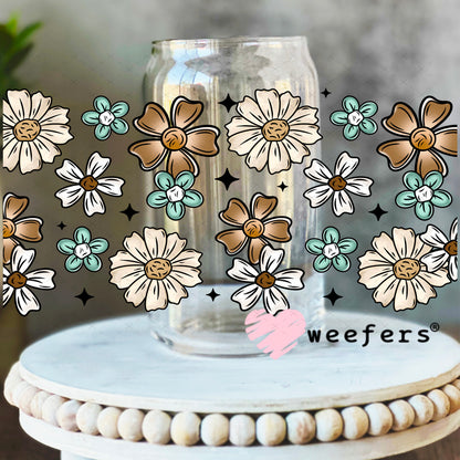 Brown, Teal and Tan Flowers UV DTF Cup Wrap 16oz Libbey Glass Original Size Weefers