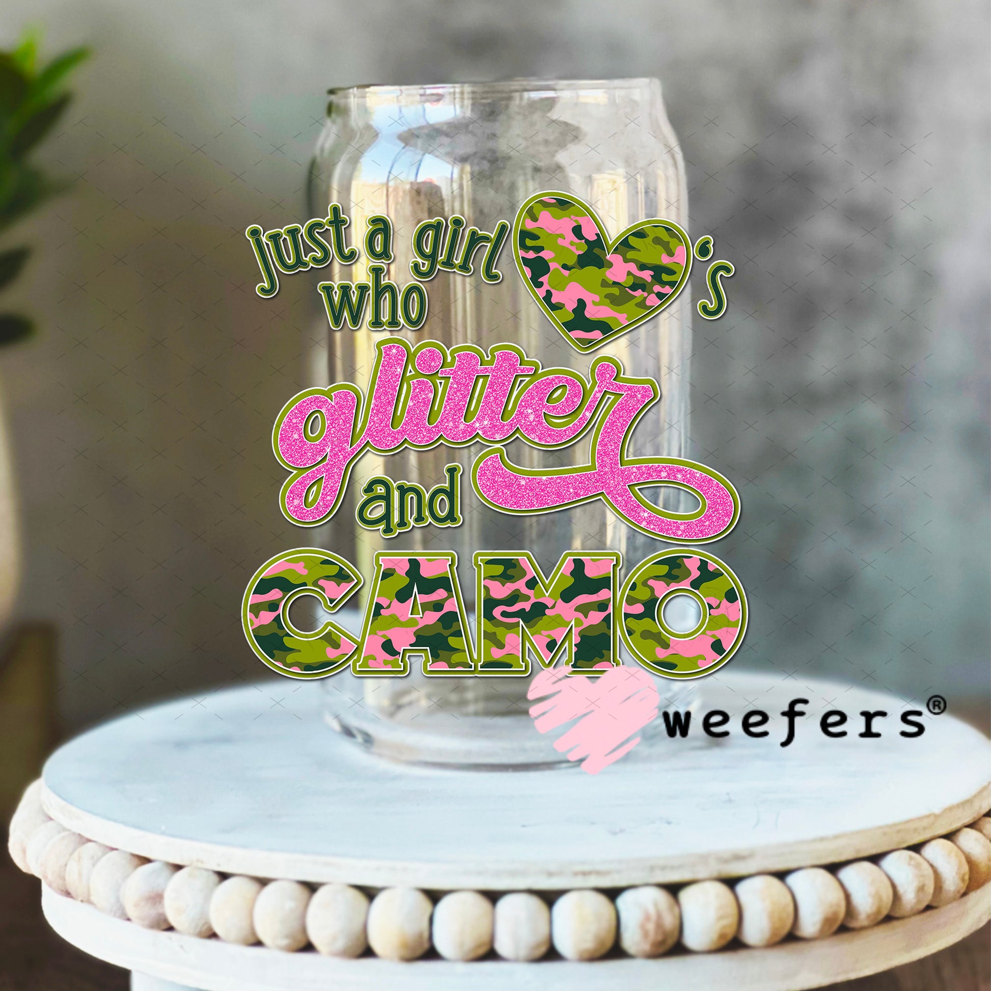 Just a Girl Who Love's Glitter and Camo UV DTF Decal 16oz Libbey Glass Original Size Weefers