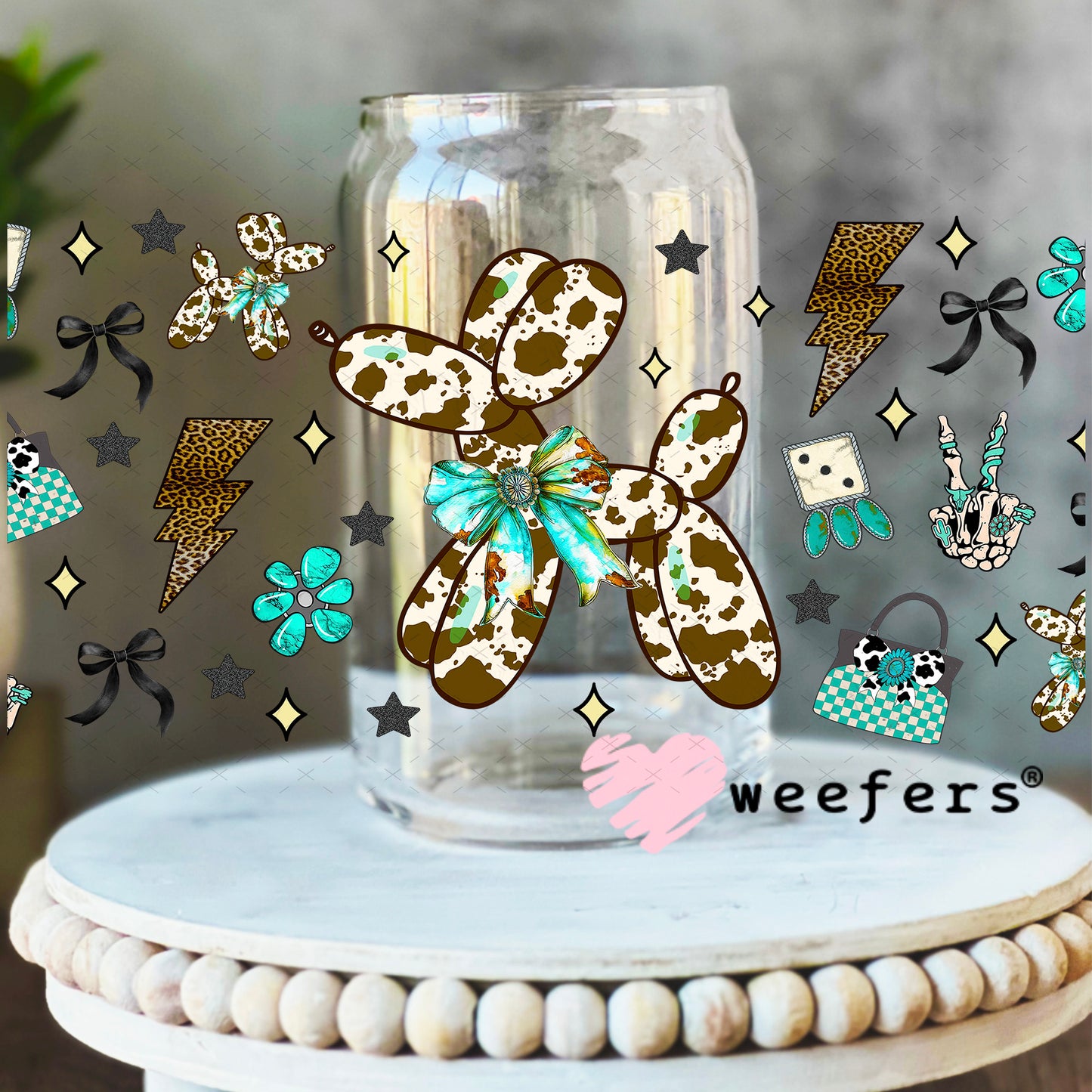 Brown Cow Print Balloon Dog Teal Bow UV DTF Cup Wrap - Weefers Exclusive 16oz Libbey Glass Original Size Weefers