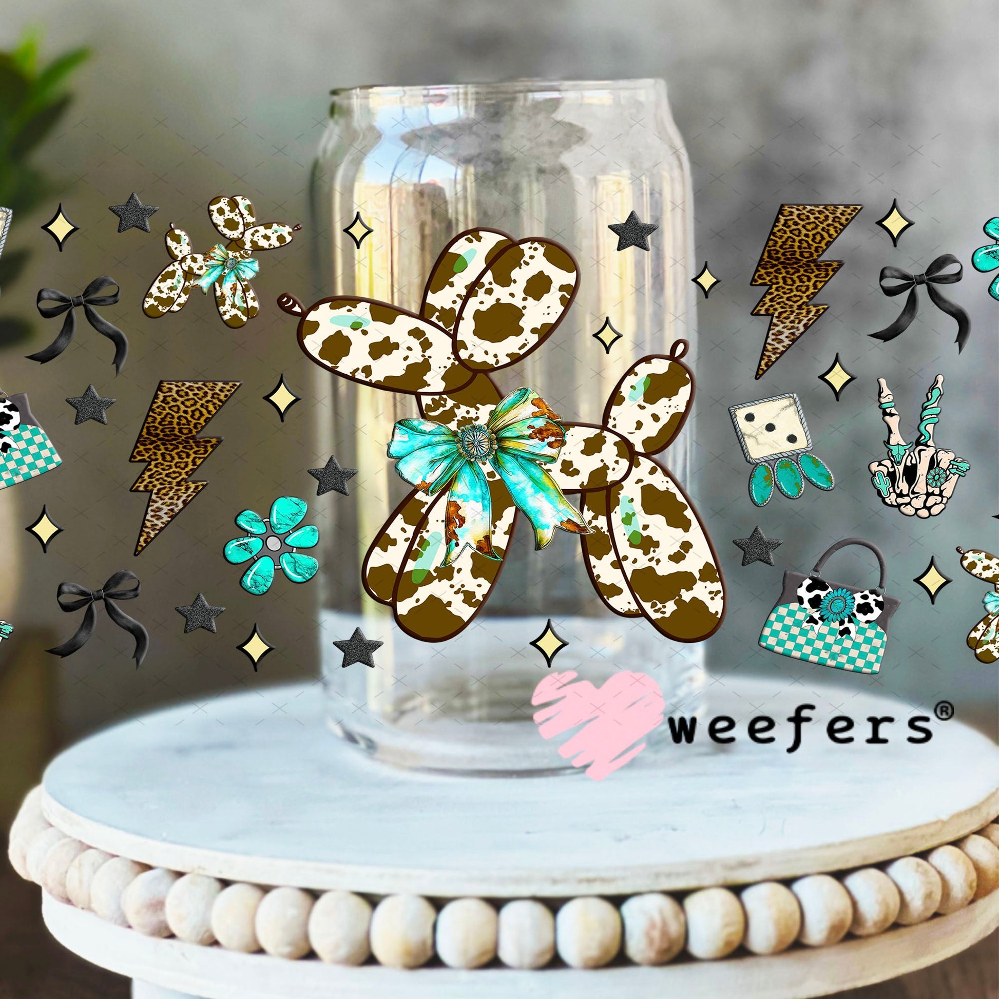 Brown Cow Print Balloon Dog Teal Bow UV DTF Cup Wrap - Weefers Exclusive 16oz Libbey Glass Original Size Cup Wrap Weefers