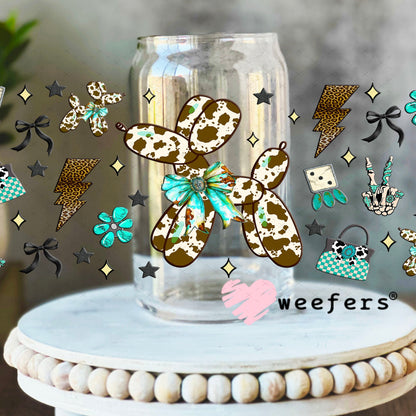Brown Cow Print Balloon Dog Teal Bow UV DTF Cup Wrap - Weefers Exclusive 16oz Libbey Glass Original Size Cup Wrap Weefers