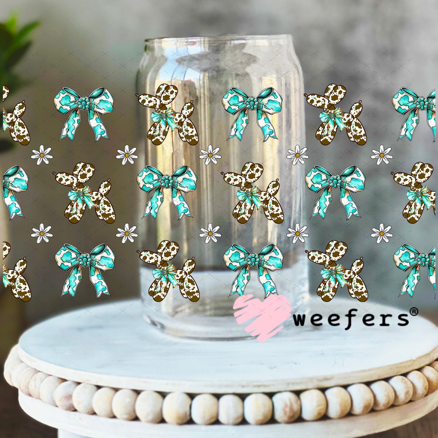 Brown Cow Print Balloon Dog Teal Bow Sidekick UV DTF Cup Wrap - Weefers Exclusive 16oz Libbey Glass Original Size Weefers