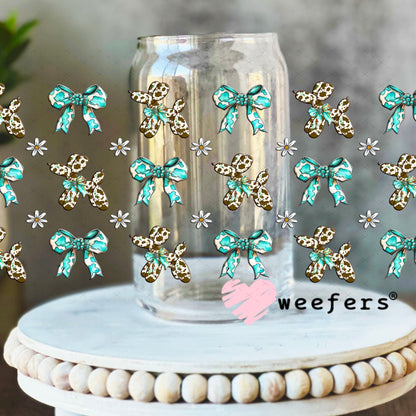Brown Cow Print Balloon Dog Teal Bow Sidekick UV DTF Cup Wrap - Weefers Exclusive 16oz Libbey Glass Original Size Cup Wrap Weefers