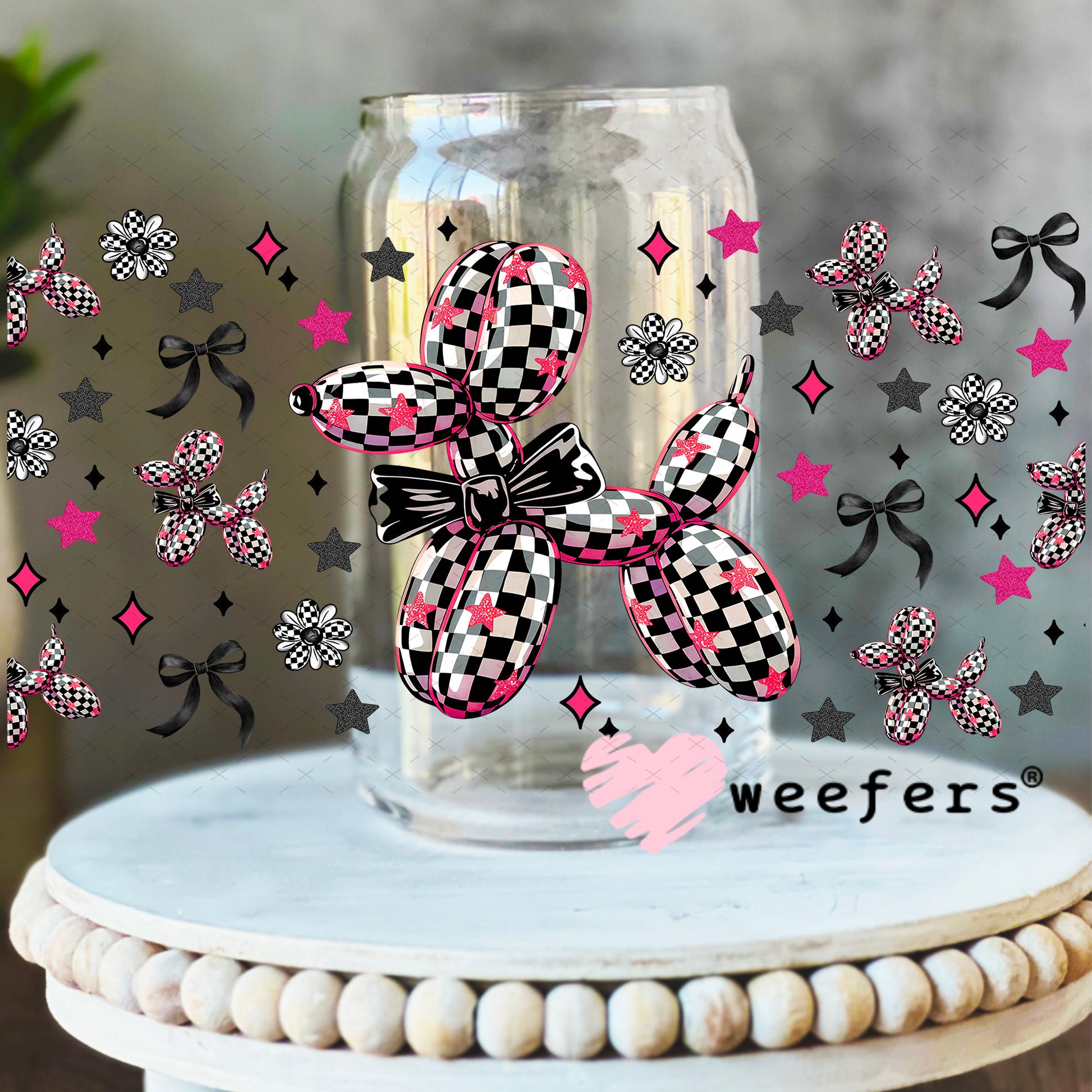 Black and White Checkered Pink Balloon Dog Teal Bow UV DTF Cup Wrap - Weefers® Exclusive 16oz Libbey Glass Original Size Weefers