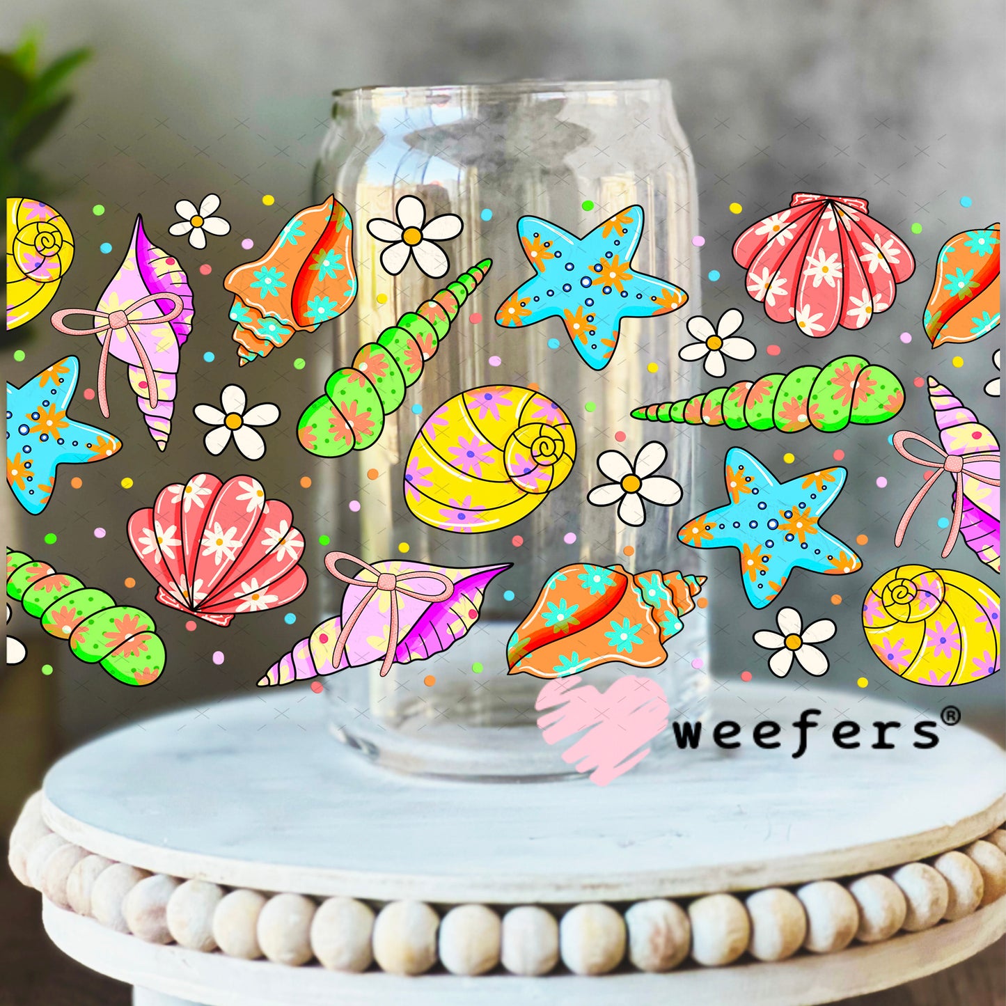 Purple and Green Seashells UV DTF Cup Wrap 16oz Libbey Glass Original Size Weefers