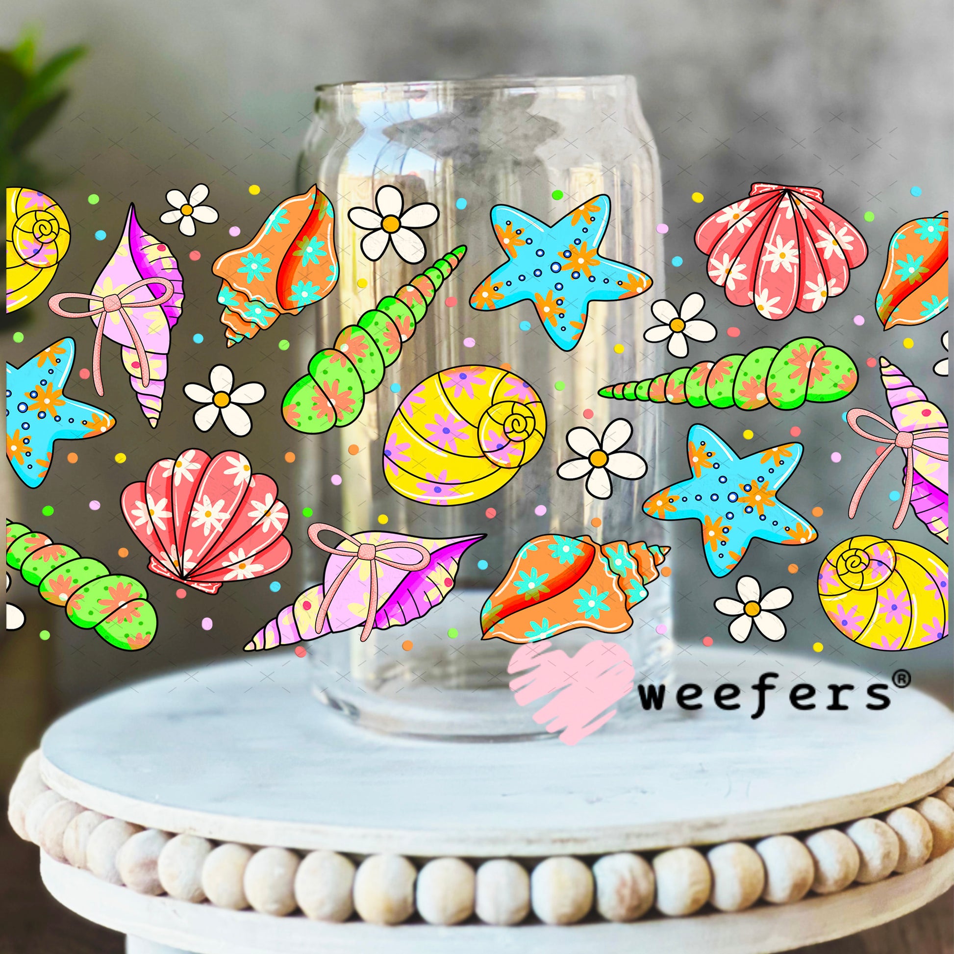 Purple and Green Seashells UV DTF Cup Wrap 16oz Libbey Glass Original Size Weefers