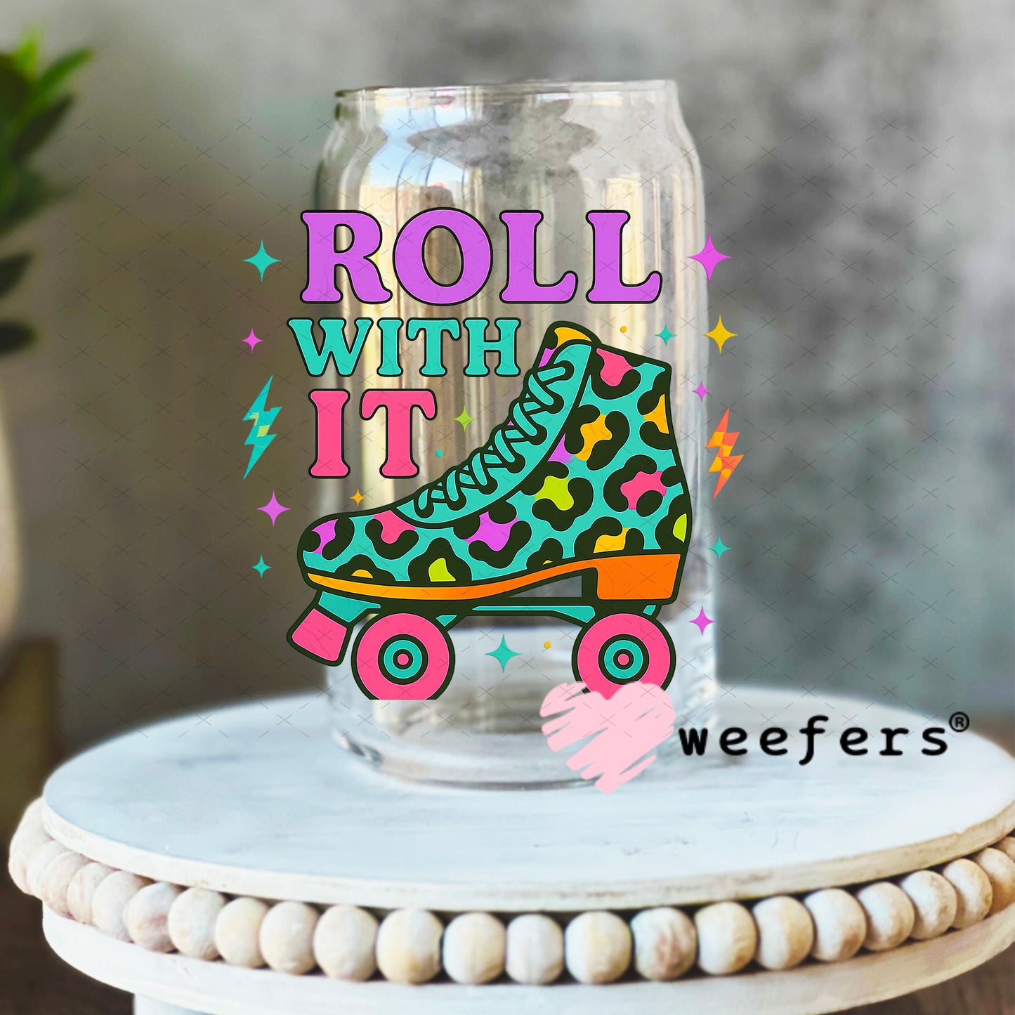 Roll With It Roller Skates UV DTF Decal 16oz Libbey Glass Original Size Weefers