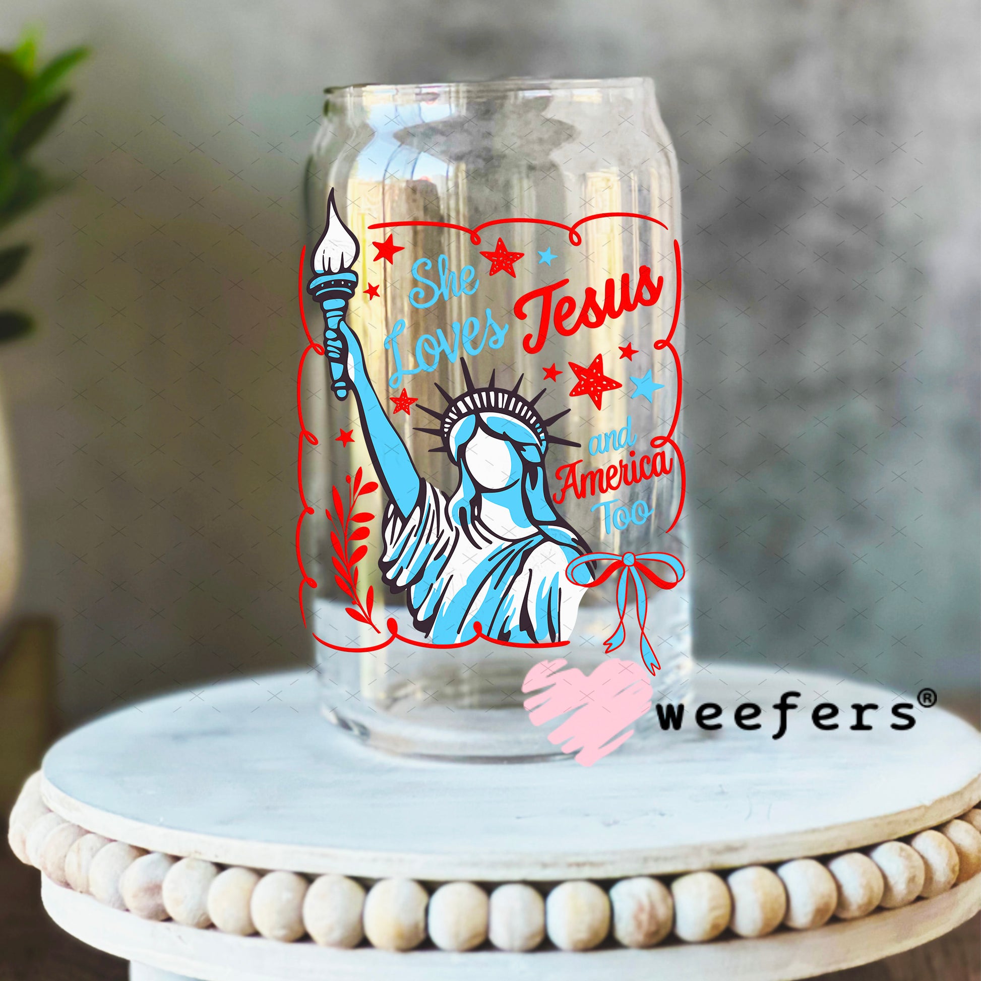 She Loves Jesus and America Too UV DTF Decal 16oz Libbey Glass Original Size Weefers