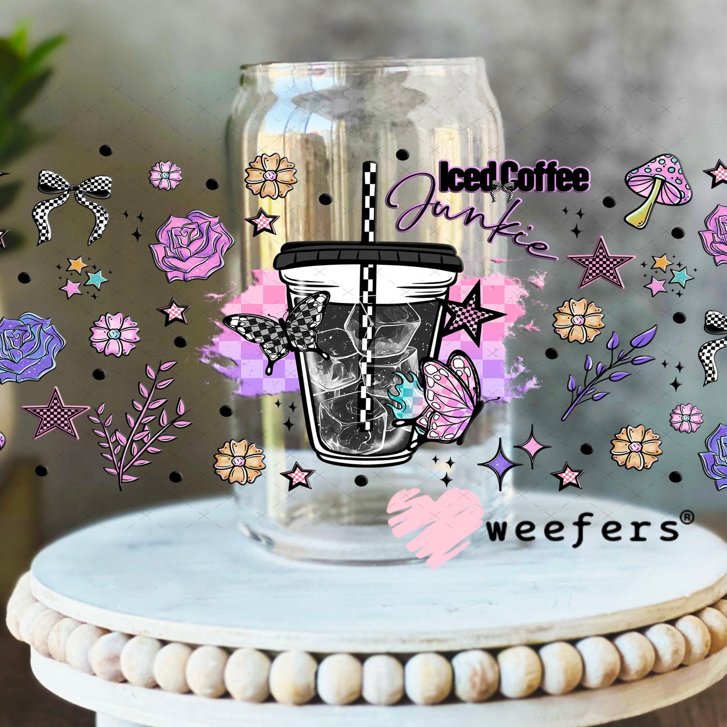 Iced Coffee Junkie UV DTF Cup Wrap - Weefers Exclusive Wrap 16oz Libbey Glass Original Size Cup Wrap Weefers
