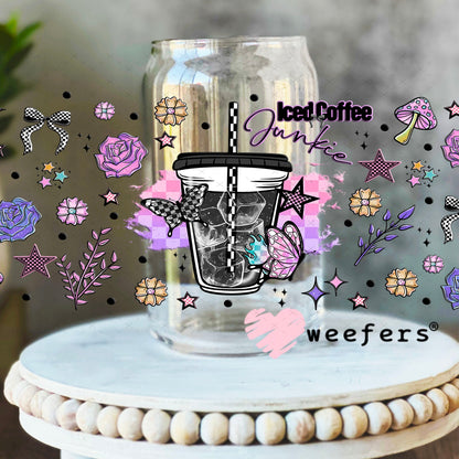 Iced Coffee Junkie UV DTF Cup Wrap - Weefers Exclusive Wrap 16oz Libbey Glass Original Size Cup Wrap Weefers