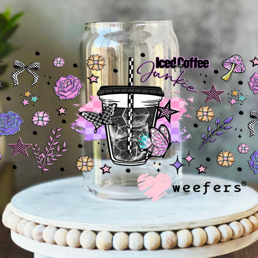 Iced Coffee Junkie UV DTF Cup Wrap - Weefers Exclusive Wrap 16oz Libbey Glass Original Size Cup Wrap Weefers