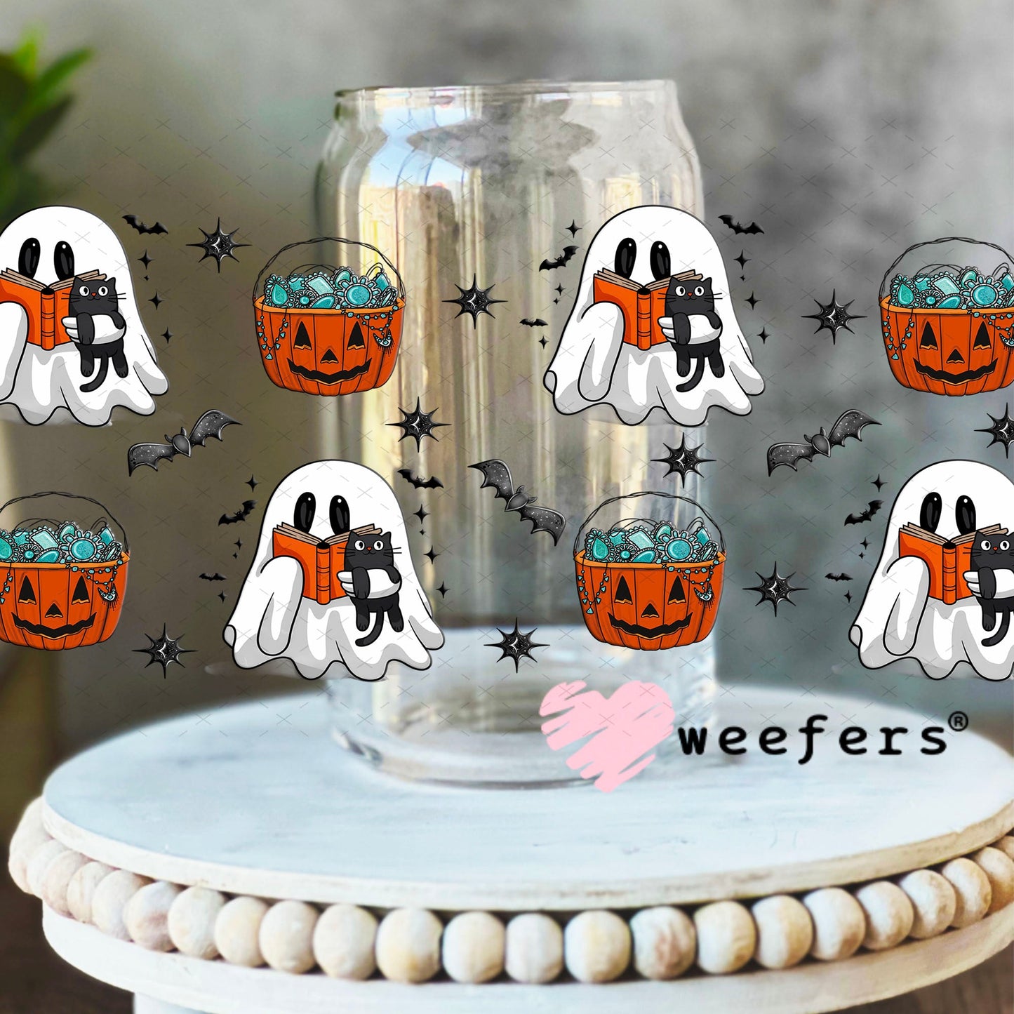 Ghost Books Cats Halloween UV DTF Cup Wrap - Weefers Exclusive Wrap 16oz Libbey Glass Original Size Cup Wrap Weefers