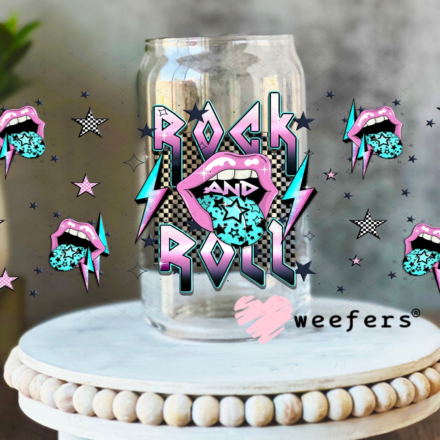 Rock And Roll Purple Teal Lips UV DTF Cup Wrap - Weefers Exclusive Wrap 16oz Libbey Glass Original Size Cup Wrap Weefers