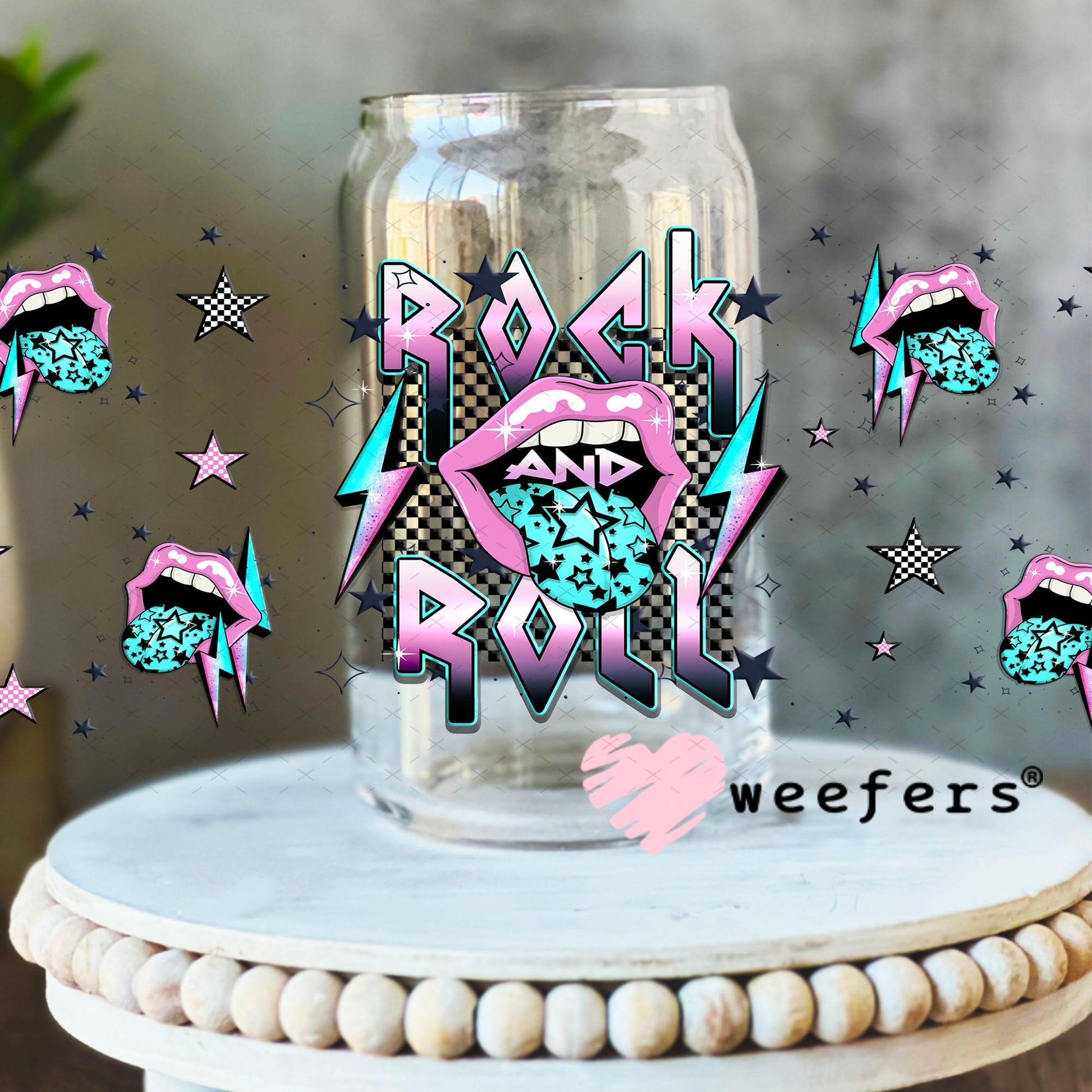 Rock And Roll Purple Teal Lips UV DTF Cup Wrap - Weefers Exclusive Wrap 16oz Libbey Glass Original Size Cup Wrap Weefers
