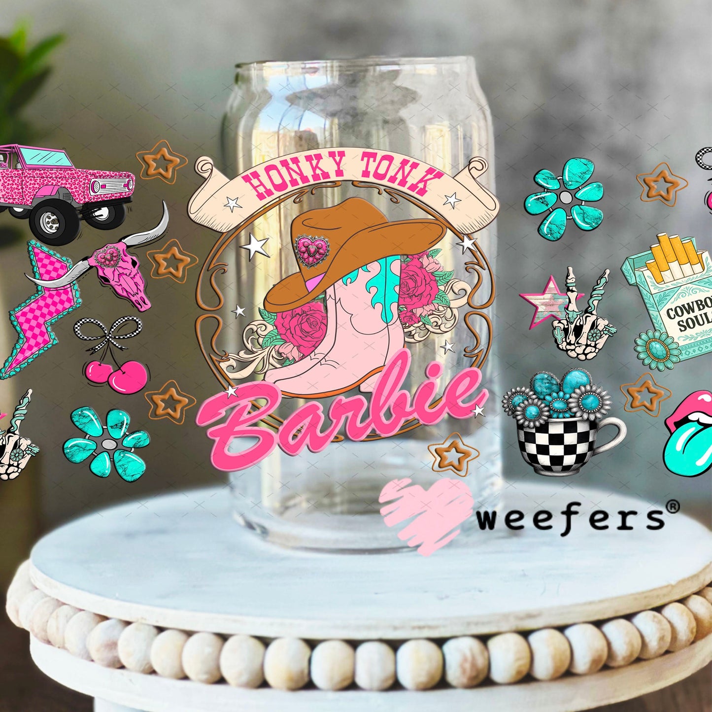 Honky Tonk Barbie UV DTF Cup Wrap - Weefers Exclusive Wrap 16oz Libbey Glass Original Size Cup Wrap Weefers