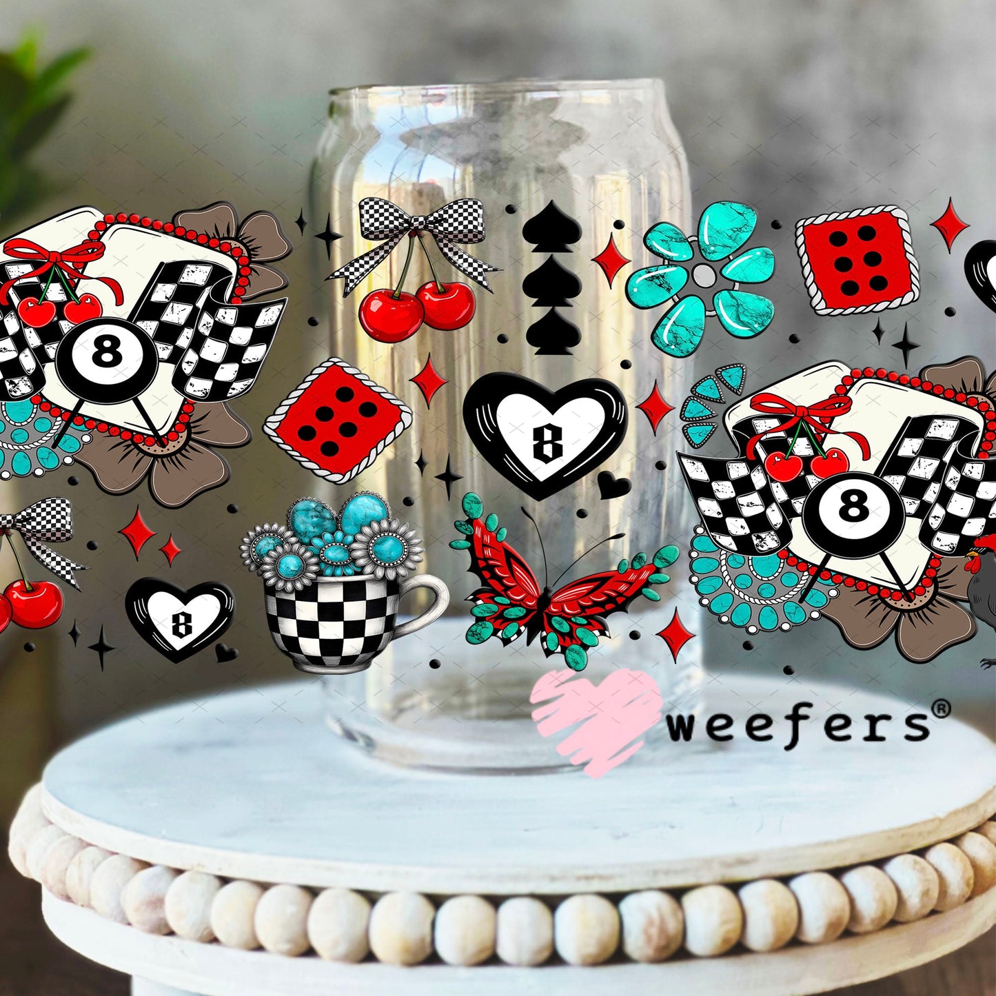 Race Day Heart Eightball Red Black UV DTF Cup Wrap - Weefers Exclusive Wrap 16oz Libbey Glass Original Size Cup Wrap Weefers
