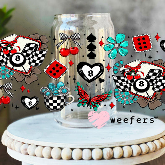 Race Day Heart Eightball Red Black UV DTF Cup Wrap - Weefers Exclusive Wrap 16oz Libbey Glass Original Size Cup Wrap Weefers
