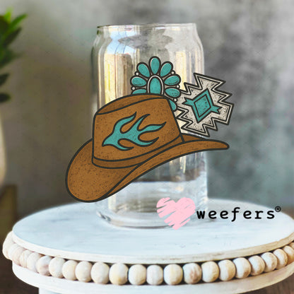 Western Brown Hat and Turquoise Jewels UV DTF Decal 16oz Libbey Glass Original Size Weefers