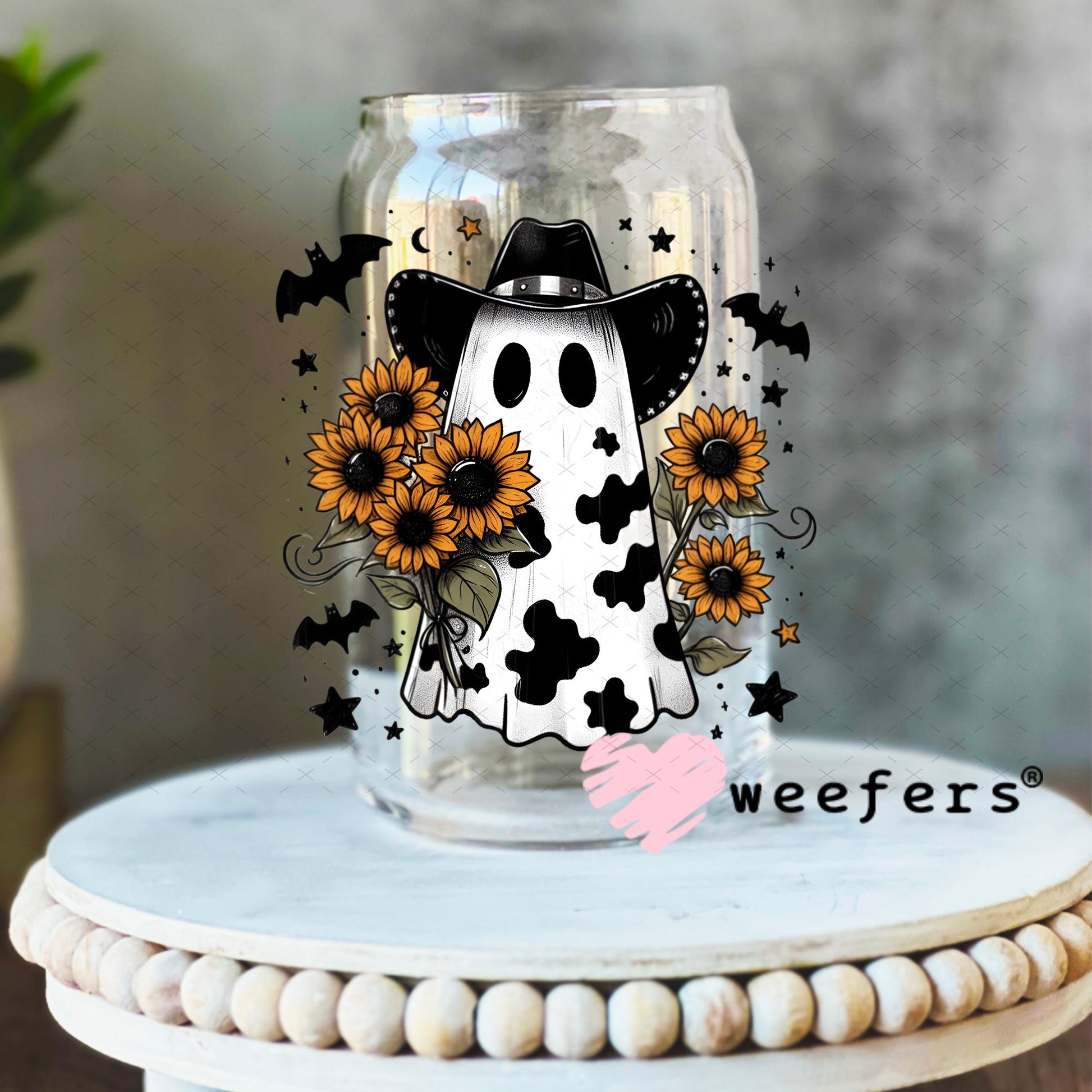 Cow Print Ghost Sunflowers Halloween UV DTF Decal 16oz Libbey Glass Original Size Weefers