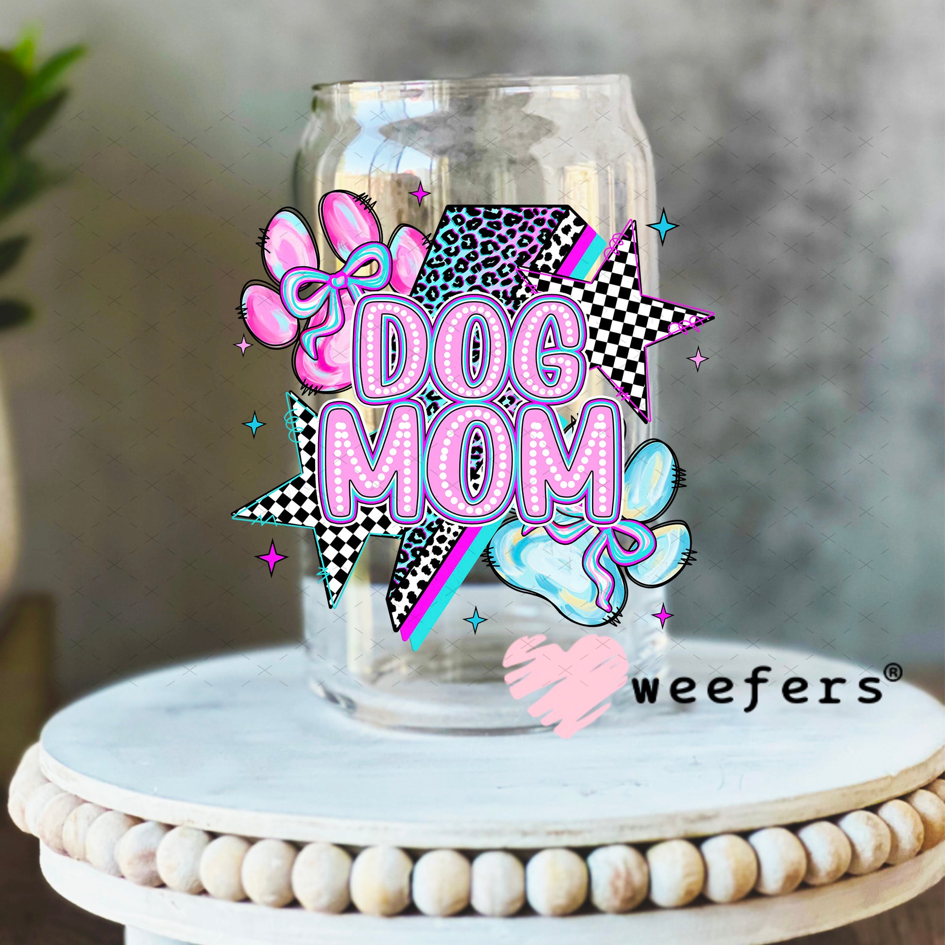 Dog Mom Purple Blue Lightening Bolt UV DTF Decal 16oz Libbey Glass Original Size Weefers