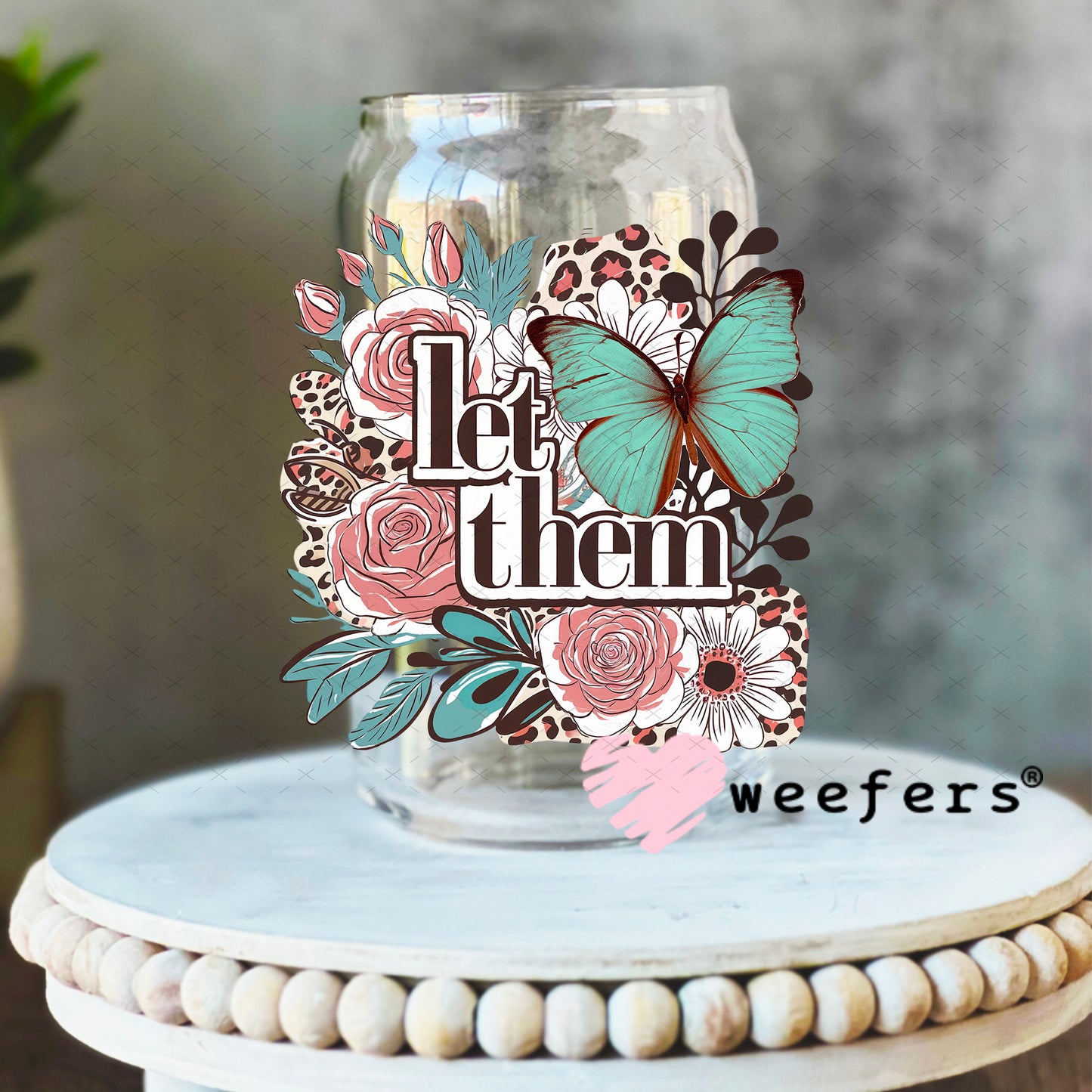 Let Them Mauve and Teal Green Flowers UV DTF Decal 16oz Libbey Glass Original Size Weefers