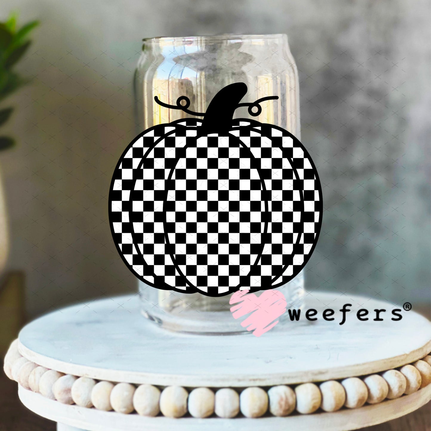 Black and White Checkered Pumpkin UV DTF Decal 16oz Libbey Glass Original Size Weefers