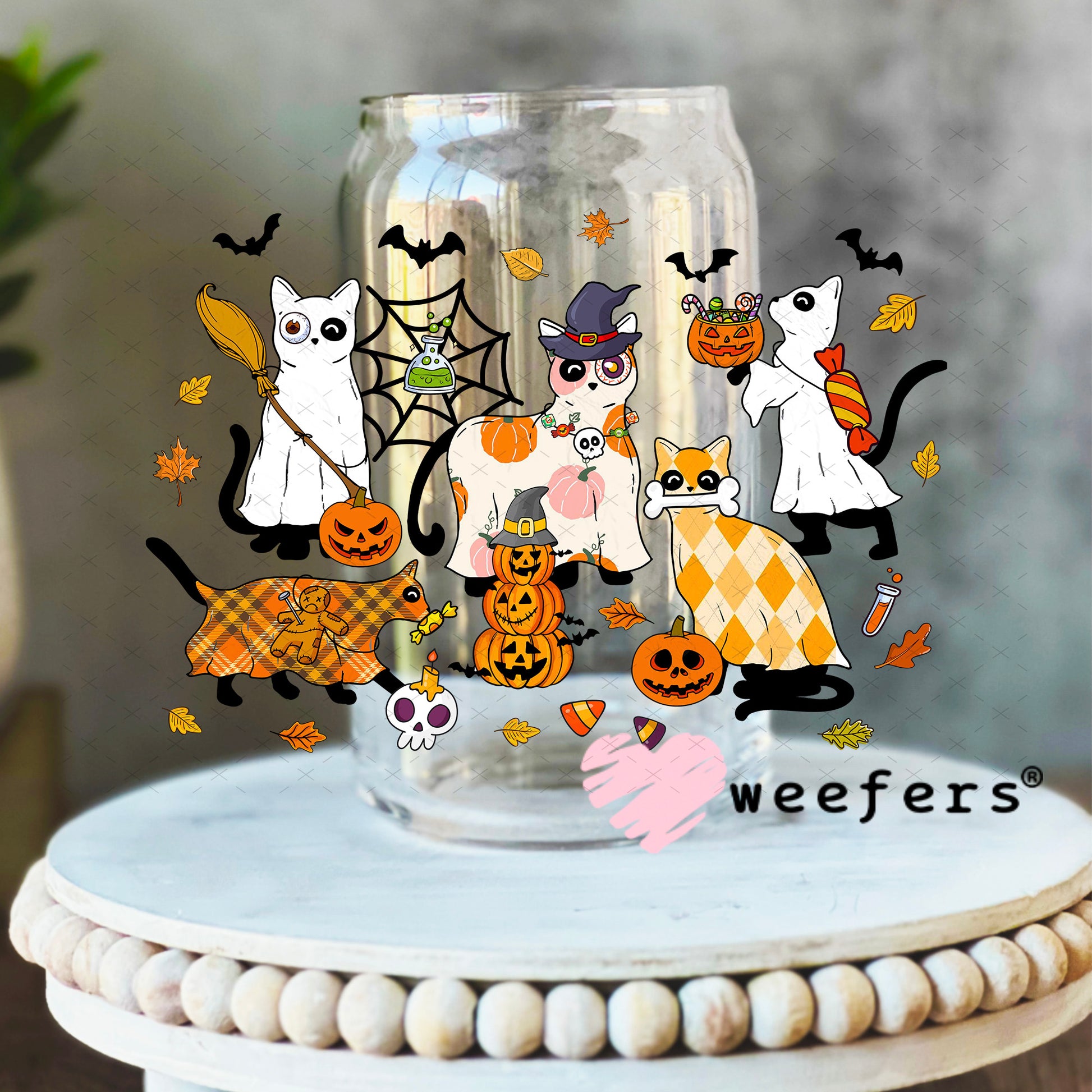 Halloween Cat Friends UV DTF Decal 16oz Libbey Glass Original Size Weefers