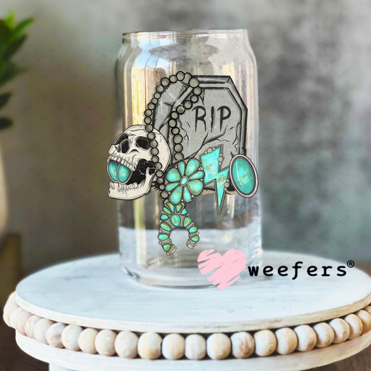 RIP Turquoise UV DTF Decal 16oz Libbey Glass Original Size Weefers