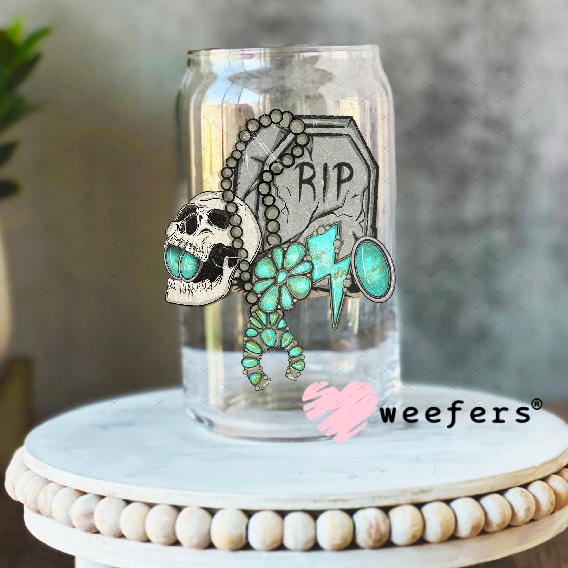 RIP Turquoise UV DTF Decal 16oz Libbey Glass Original Size Weefers