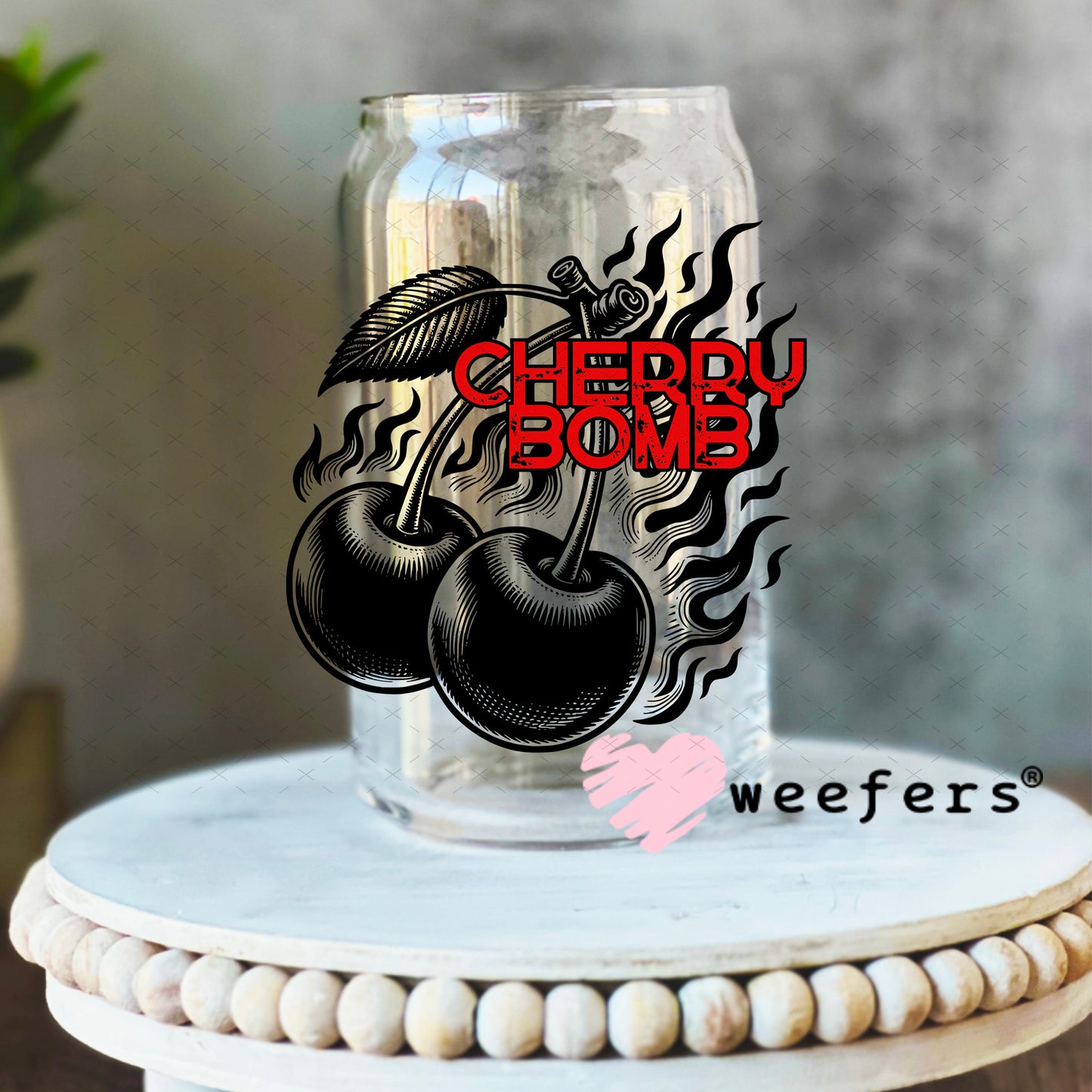 Cherry Bomb Black and Red UV DTF Decal 16oz Libbey Glass Original Size Weefers