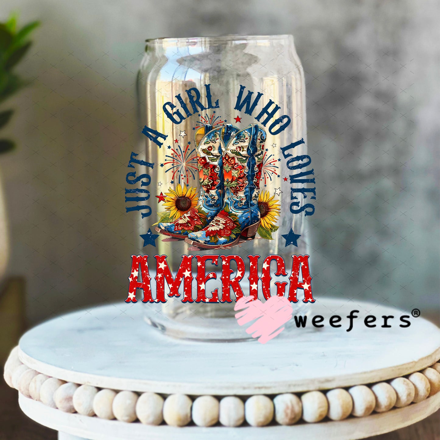 Just a Girl Who Loves America UV DTF Decal 16oz Libbey Glass Original Size Weefers