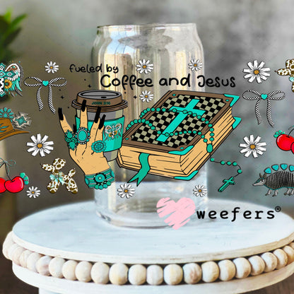 Fueled by Coffee and Jesus UV DTF Cup Wrap - Weefers Exclusive 16oz Libbey Glass Original Size Cup Wrap Weefers