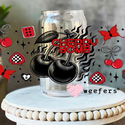 Cherry Bomb Black and Red UV DTF Cup Wrap - Weefers® Exclusive 16oz Libbey Glass Original Size Cup Wrap Weefers