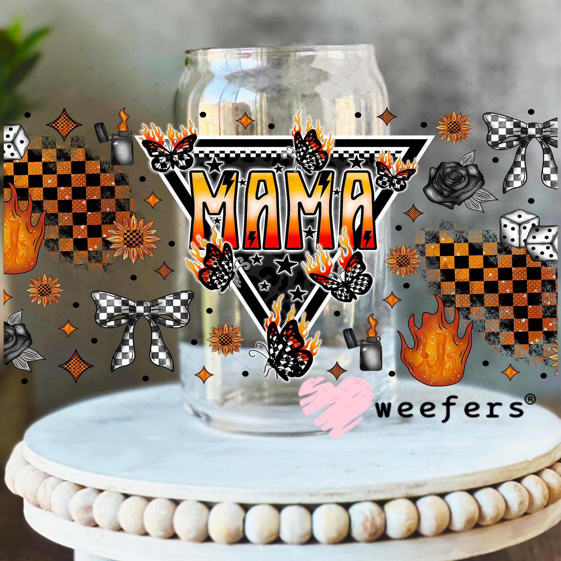 Mama Flames Checkered UV DTF Cup Wrap - Weefers Exclusive 16oz Libbey Glass Original Size Weefers