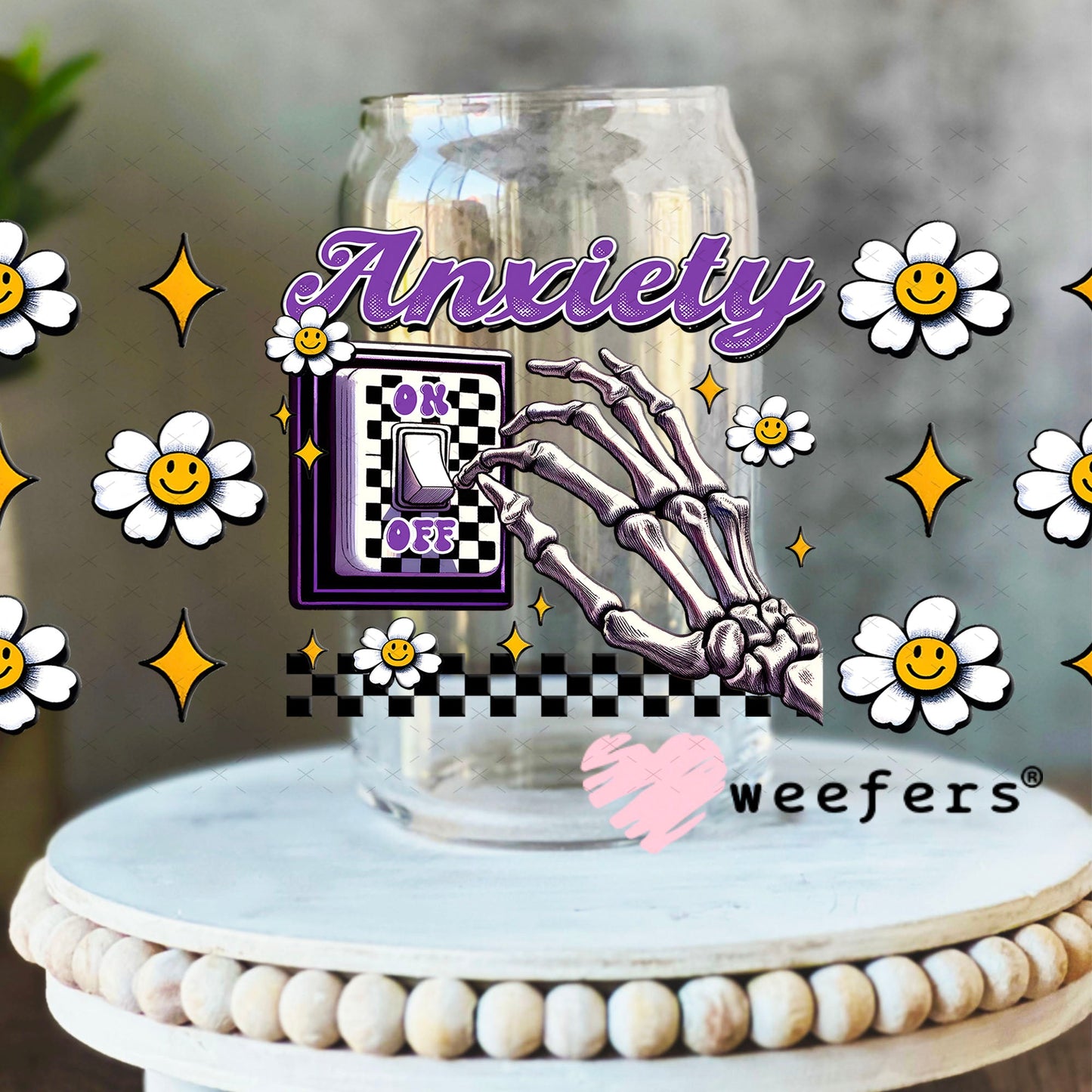 Anxiety On Purple UV DTF Cup Wrap - Weefers Exclusive 16oz Libbey Glass Original Size Cup Wrap Weefers