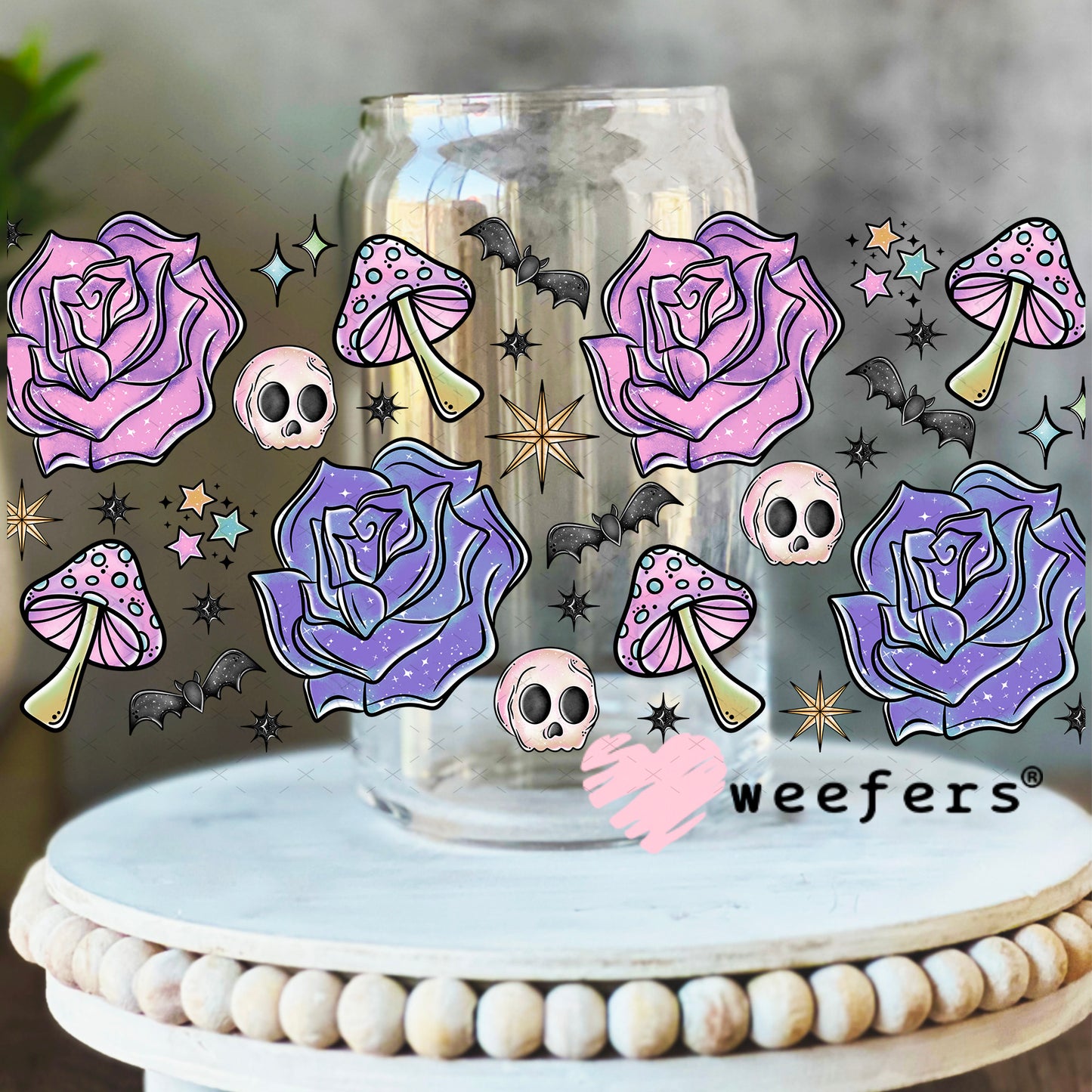 Purple Flowers Bats Skulls UV DTF Cup Wrap - Weefers Exclusive 16oz Libbey Glass Original Size Weefers