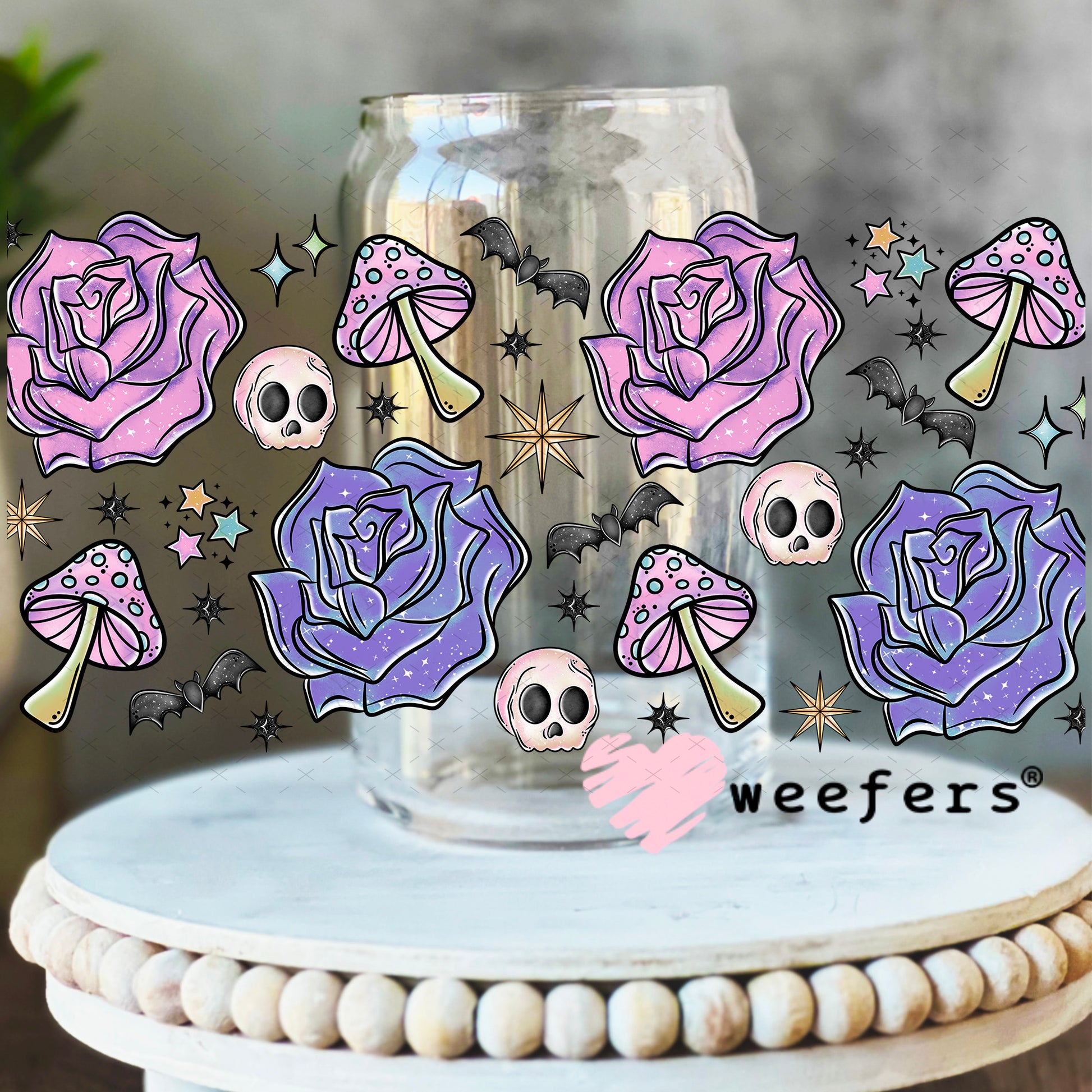 Purple Flowers Bats Skulls UV DTF Cup Wrap - Weefers Exclusive 16oz Libbey Glass Original Size Weefers