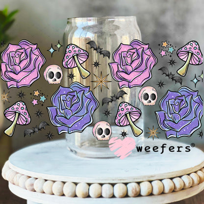 Purple Flowers Bats Skulls UV DTF Cup Wrap - Weefers Exclusive 16oz Libbey Glass Original Size Weefers