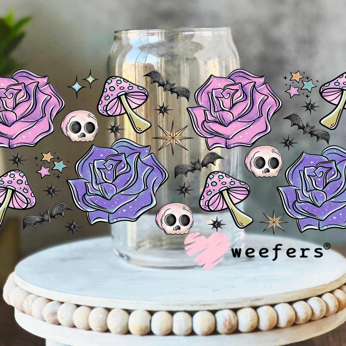 Purple Flowers Bats Skulls UV DTF Cup Wrap - Weefers Exclusive 16oz Libbey Glass Original Size Cup Wrap Weefers