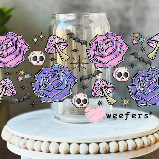 Purple Flowers Bats Skulls UV DTF Cup Wrap - Weefers Exclusive 16oz Libbey Glass Original Size Cup Wrap Weefers