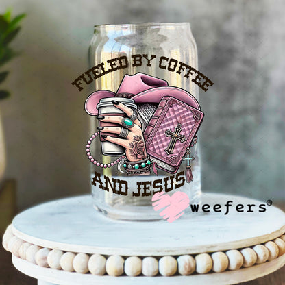 Fueled by Coffee and Jesus Mauve UV DTF Decal 16oz Libbey Glass Original Size Weefers